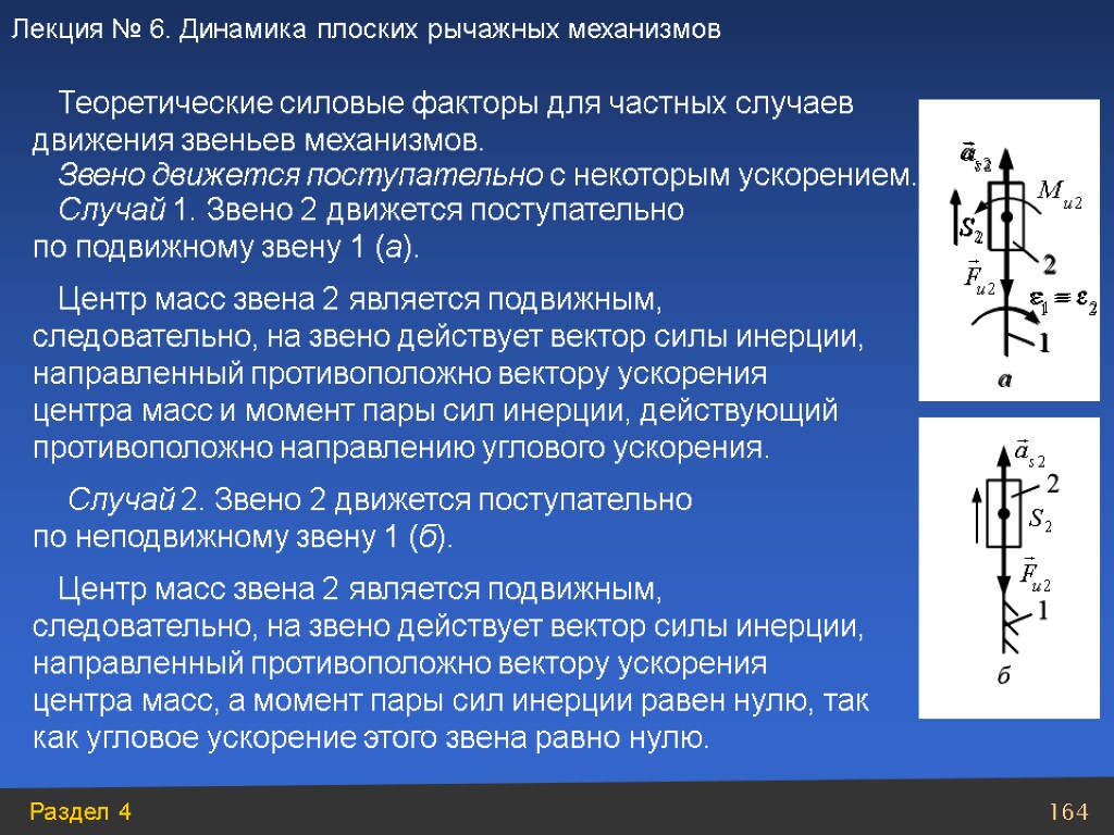 Центр масс звена 2 является подвижным, следовательно, на звено действует вектор силы инерции, направленный